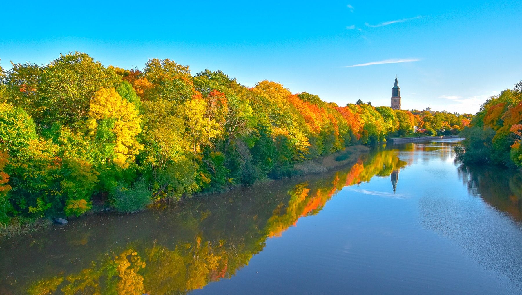 Autumn-coloured trees line the Aura River, with Turku Cathedral in the background.