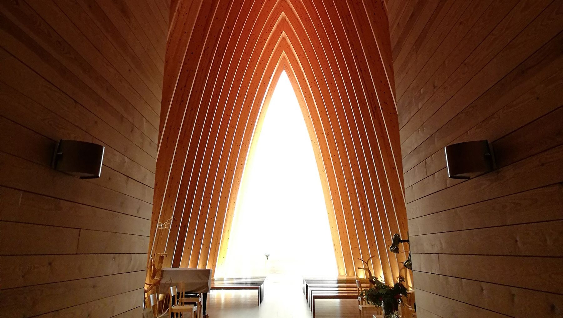 The glowing interior of St Henry's Ecumenical Art Chapel.