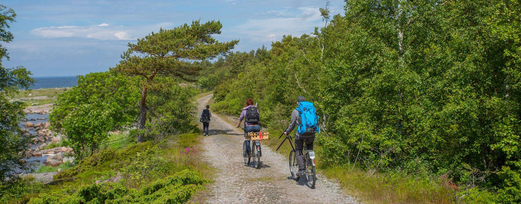 Kolme pyöräilijää polkemassa hiekkatiellä Örön saarella.