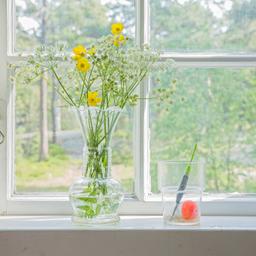fönster med gula blommor i vas
